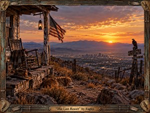 A weathered mountain porch overlooks a sprawling desert city at sunset, blending solitude, nostalgia, and quiet unease. Warm amber light illuminates worn timber, a rocking chair, lantern, cowboy hat, faded flag, resting dog, and perched eagle. Distant mountains fade into violet haze, while a distressed turquoise and bronze frame reinforces the handcrafted Americana character.
