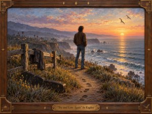 A lone man stands on a rugged coastal bluff, gazing toward a glowing ocean sunset as birds cross the luminous sky. Warm gold, peach, lavender, and blue tones create a reflective yet hopeful mood. Textured oil-paint brushwork, weathered fencing, wild grasses, footprints, a guitar case, and carved wooden framing enrich the nostalgic composition.