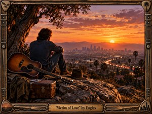 A contemplative musician sits on a rocky overlook above a glowing Southern California city at sunset, his acoustic guitar and worn travel case nearby. Warm amber, orange, rose, and violet light bathe the scene, creating a wistful, cinematic mood. Vintage wood and metal framing, musical details, and engraved title plaque complete the handcrafted Americana aesthetic.