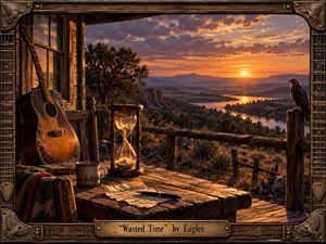 A weathered cabin porch overlooks a winding river and distant mountains beneath a dramatic orange and violet sunset. An aged acoustic guitar, glowing hourglass, handwritten paper, mug, and perched eagle create a reflective mood of memory and regret. Rich amber light, carved wood, aged metal, and intricate framing give the scene a handcrafted Americana character.