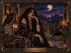 A mysterious dark-haired woman sits in a moonlit Southwestern courtyard, surrounded by candles, a raven, black cat, desert plants, weathered adobe, and distant mesas. Deep indigo, violet, bronze, and amber tones create a hypnotic, dangerous mood. Rich oil-painted textures, ornate metallic framing, symbolic details, and dramatic warm-cool lighting heighten the mystical atmosphere.