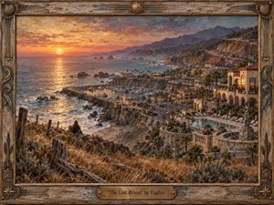 A solitary figure overlooks a rugged coastline transformed by an opulent seaside resort, marina, roads, and carved hillsides. Warm sunset golds and smoky blues create a beautiful yet melancholy tension. Textured, weathered paint suggests loss and nostalgia, while the carved wooden-bronze frame and engraved title plate deepen the handcrafted, reflective mood.