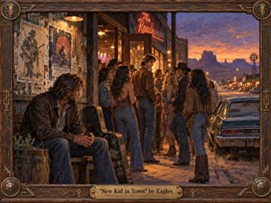 A weathered desert roadhouse glows beneath a violet-orange sunset as a confident newcomer draws the attention of a lively crowd, while a solitary guitarist watches from the shadows. Rich oil-paint textures, dusty denim, warm amber lights, distant mesas, vintage cars, and a carved wooden frame create a wistful, cinematic 1970s atmosphere.