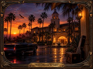 A glowing Spanish-style hotel rises beneath a fiery California sunset, surrounded by silhouetted palms and rain-slick pavement. A vintage convertible, lone traveler, guitar case, and weathered luggage create an uneasy sense of arrival. Warm amber lights contrast with deep purples and blacks, giving the cinematic scene a seductive, mysterious, nostalgic atmosphere.