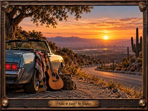 A vintage convertible rests beside a winding desert highway overlooking a sunlit Southwestern city and distant mountains. An acoustic guitar, travel bag, and patterned blanket suggest freedom and open-road escape. Warm amber, gold, copper, and dusky blue tones fill the scene, with dramatic sunset light. Photorealistic detail, rustic framing, and handcrafted musical accents complete the nostalgic atmosphere.