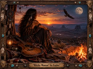 A mysterious woman sits beside a glowing campfire on a desert overlook at twilight, framed by rugged mesas, a rising moon, and a soaring eagle. Warm amber firelight contrasts with deep blue-violet skies, while a weathered guitar, lantern, textiles, turquoise ornaments, and an ornate Western frame create a richly cinematic, handcrafted atmosphere.