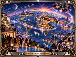 A luminous retro-futurist panorama unites famous world cities beneath a star-filled sky, with glowing travel trails circling oceans and continents. Celebrating figures gather beside a pool as ships, aircraft, trains, and a futuristic craft animate the scene. Rich blues, golds, and neon highlights create an exuberant cinematic spectacle.