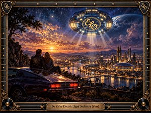 A retro-futuristic city glows beneath a star-filled twilight as a couple sits beside a sleek vintage car overlooking illuminated rivers and towers. A radiant spacecraft dominates the sky, casting dramatic beams through fiery clouds. Deep blues, amber light, metallic details, and an ornate musical frame create romantic, adventurous energy.