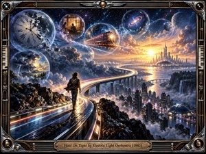 A lone traveler follows a glowing S-curved highway toward a radiant futuristic city beneath a star-filled sky. Floating memory spheres reveal a fractured clock, storms, intimate moments, planets, and a speeding train. Deep blues, silver, gold, and fiery sunset light create an uplifting, cinematic digital-surrealist vision framed with ornate musical hardware.