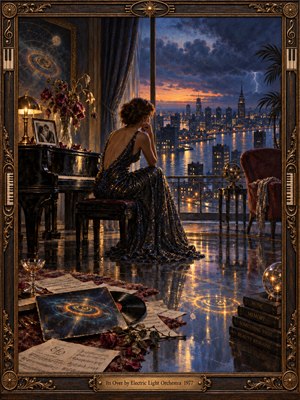 A solitary woman in a shimmering dark gown sits beside a grand piano, gazing over a stormy city at dusk. Warm amber lamps and skyline reflections contrast with deep blue shadows, wilted flowers, scattered sheet music, and a vinyl record. Rich oil-painted detail and an ornate musical frame create elegant melancholy.