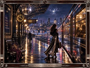 A glamorous woman with a suitcase stands beside a sleek night train on a rain-soaked London platform. Disco-ball reflections, glowing lamps, a station clock, and distant city lights create a romantic late-1970s mood. Midnight blues, silver, amber, and gold shimmer across the cinematic digital scene and ornate musical frame.