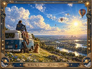 A sunlit hillside overlooks a winding river and distant city beneath a brilliant blue sky filled with towering clouds and colorful balloons. A traveler rests atop a vintage blue van beside a golden dog and wildflowers. Warm golden light, ornate celestial framing, and realistic painterly detail create an uplifting nostalgic atmosphere.