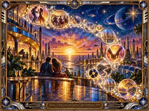 A romantic couple overlooks a radiant futuristic city at sunset, surrounded by glowing mosaic bubbles, cosmic planets, and musical imagery. Jewel tones of gold, blue, violet, and amber shimmer through stained-glass textures, while an ornate metallic frame and luminous reflections create an uplifting, dreamlike, retro-futuristic atmosphere.