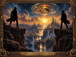 Two dark figures face each other across rocky cliffs above a glowing futuristic city of towers, bridges, and waterfalls. Golden sunset light cuts through deep blue clouds and stars while a radiant circular craft dominates the sky. Ornate brass framing, guitar strings, and engraved details create a dramatic retro-futuristic painted atmosphere.