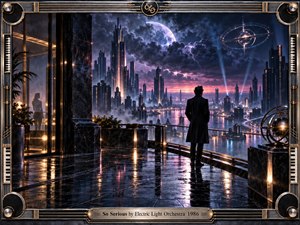 A lone man stands on a rain-slicked balcony overlooking a luminous retro-futurist city beneath storm clouds, lightning, and a glowing moon. Deep blues, violet skies, warm gold highlights, reflective marble, and sleek metallic architecture create a tense, introspective mood, framed by ornate musical hardware and elegant Art Deco details.