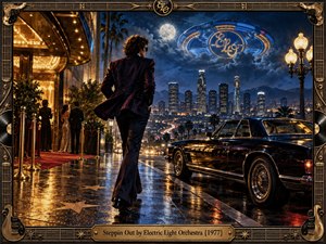 A stylish figure strides toward a glittering nighttime city beneath a glowing moon and futuristic ELO craft. Wet pavement reflects golden hotel lights, streetlamps, and skyscrapers beside a polished black car. Rich blues, amber highlights, and dramatic clouds create a glamorous, adventurous mood within an ornate music-themed metallic frame.