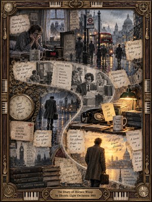 A timid office worker moves through a rain-soaked London collage of diary notes, clocks, buses, desks, and changing days, following an S-shaped path from anxiety toward confidence. Sepia, blue-gray, and amber tones blend vintage paper textures with cinematic light, while an ornate brass-and-wood frame reinforces the nostalgic, whimsical mood.