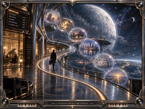 A solitary traveler walks through a gleaming futuristic terminal suspended above Earth, following a luminous S-curving path toward an immense moon. Floating memory bubbles reveal homes, clocks, cities, and changing seasons. Cool silver-blue space contrasts with warm amber interiors, creating a wistful, cinematic digital dreamscape framed in ornate retro-futurist metal.