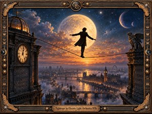 A lone figure balances above a misty city on a narrow wire, silhouetted against an enormous golden moon and fiery sunset. Deep blue skies, glowing clouds, distant planets, bridges, and historic architecture create a dramatic dreamlike atmosphere. An ornate brass musical frame reinforces the richly detailed retro-futuristic style.