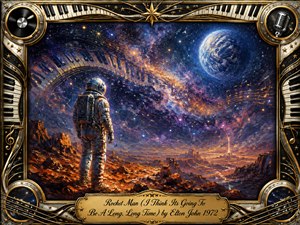 A solitary astronaut stands on a rugged alien landscape beneath a luminous Earth and swirling star-filled sky, evoking isolation, wonder, and longing. Rich blues, purples, golds, and fiery oranges glow in painterly textures. An ornate piano-and-music-themed frame surrounds the scene, with a polished engraved title plate below.