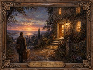 A solitary traveler carrying vintage luggage approaches a warmly lit stone cottage at sunset, overlooking a shimmering valley and distant town lights. Rich amber, rose, blue, and earthy tones create a nostalgic, hopeful mood. Painterly textures, flowering vines, glowing windows, and an ornate bronze frame emphasize the intimate feeling of homecoming.