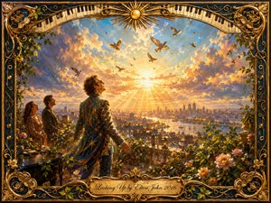 A hopeful figure in an ornate blue-and-gold coat gazes upward from a flower-filled rooftop terrace as radiant sunlight breaks through dramatic clouds above a glowing city and river. Soaring birds reinforce the uplifting mood. Rich gold, blue, peach, and green tones, painterly detail, and an elaborate musical frame create a luminous, celebratory atmosphere.