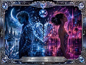 A crystalline heart fractures between two distant figures in a neon-lit dreamscape, blending icy blue city lights with vibrant magenta nightlife. A disco ball, mirrored floor, floating shards, and dancing silhouettes create glamorous melancholy. An ornate jeweled silver frame surrounds the cinematic digital painting, finished with an engraved title plate.