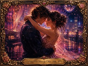 A romantic couple shares an intimate slow dance beneath glowing city lights, surrounded by shimmering reflections, soft sparkles, and a distant piano. Rich rose, violet, gold, and midnight-blue tones create a dreamy, nostalgic mood. Painterly brushwork, luminous highlights, and an ornate gilded frame with roses and musical motifs enhance the elegant composition.