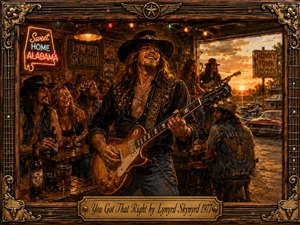 A jubilant long-haired guitarist commands a crowded 1970s honky-tonk, surrounded by laughing patrons, glowing neon, beer bottles, rustic wood, and fellow musicians. Warm amber and sunset-orange light fills the richly textured hand-painted scene, while an ornate wood-and-brass frame and engraved title plate reinforce its confident Southern rock atmosphere.