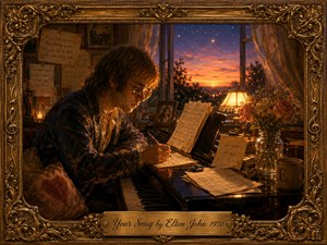 A tender 1970s-inspired scene shows a young songwriter at a piano, composing by warm lamplight beside an open window glowing with sunset and stars. Handwritten pages, flowers, photographs, and intimate notes deepen the romantic mood. Rich amber, gold, blue, and rose tones complement the painterly realism and ornate gilded frame.