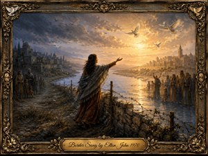 A richly detailed oil-style painting shows a woman reaching across a river border toward a sunlit community, while another group waits in shadow. Cool blue-gray tones contrast with warm gold light, creating a solemn yet hopeful mood. White doves, ancient towns, barbed wire, ornate gilded framing, and an engraved title plate reinforce themes of division and reconciliation.