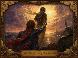A dramatic 1970s-inspired fantasy painting shows a flamboyant seeker reaching toward a leather-clad pilot leading him into radiant golden clouds above an illuminated airfield. Warm amber, crimson, violet, and smoky blue tones create a mystical, hopeful mood. Aircraft details, glowing runway lights, ornate brass framing, and an engraved title plate enrich the cinematic composition.