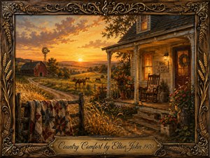 A warmly painted country homestead glows beneath a golden sunset, with a weathered farmhouse, rocking chair, quilt-draped fence, grazing horses, barn, and windmill. Rich amber, rust, green, and cream tones create nostalgic serenity. An ornate carved frame with wheat motifs surrounds the scene, finished by an engraved title plate.