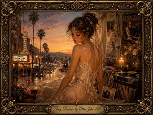 A graceful young woman in a delicate ivory dress overlooks a palm-lined boulevard glowing at sunset, surrounded by flowers, vinyl records, photographs, and warm candlelight. Rich amber, rose, gold, and dusky blue tones create a wistful 1970s mood, framed in ornate musical filigree with an engraved title plate.