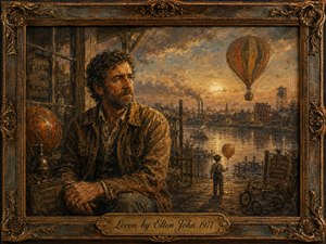 A weathered, contemplative man sits beside a riverside balloon workshop as a child holding a balloon faces the glowing water and distant industrial town. Warm golds, browns, and muted blues create a nostalgic, melancholy mood. Rich oil-paint textures, dramatic twilight, ornate framing, and the engraved title plate add timeless, storybook elegance.