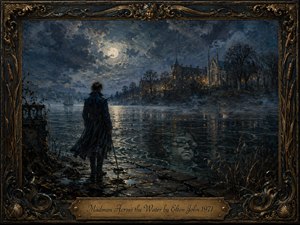 A solitary dark-coated figure stands beside moonlit water, gazing toward a distant Gothic estate glowing across the misty shore. Deep blues, charcoal shadows, silver reflections, and muted gold accents create a haunting, melancholic mood. Expressive oil-paint textures, rippling water, a ghostly submerged face, and an ornate antique frame enrich the dramatic composition.