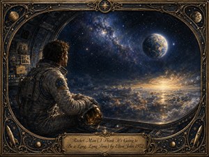 A solitary astronaut rests beside a spacecraft window, gazing toward a distant glowing Earth across a vast star-filled sky and luminous cosmic clouds. Deep blues, silver-gray textures, and warm golden light create a wistful, reflective mood. An ornate antique-brass celestial frame, family photographs, and an engraved title plate add nostalgic detail.
