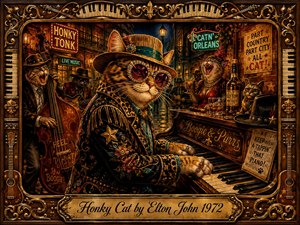 A flamboyant anthropomorphic cat plays piano in a lively, New Orleans-inspired honky-tonk, surrounded by feline musicians, cocktails, neon signs, and vintage saloon details. Warm gold, amber, red, and teal tones glow under theatrical nightlife lighting. The richly painted composition is framed with ornate musical motifs and an engraved title plate.