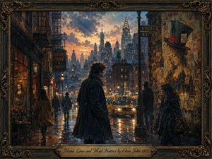 A contemplative figure stands on a rain-slick New York street at twilight, surrounded by glowing taxis, pedestrians, brick buildings, and a luminous skyline. Deep blues, amber golds, and smoky grays create a wistful urban mood, while Mona Lisa imagery, a whimsical hat, ornate framing, and painterly textures add poetic symbolism.