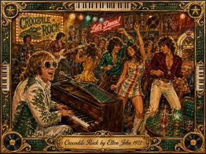 A jubilant 1970s rock-and-roll club bursts with dancing crowds, a flamboyant pianist, live musicians, and glowing vintage decor. Warm gold, emerald, red, and turquoise tones shimmer beneath theatrical lights. Painterly textures create nostalgic energy, while an ornate crocodile-patterned musical frame, vinyl accents, piano keys, and engraved title plate complete the scene.