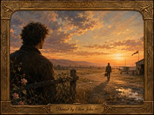A wistful hand-painted scene captures a quiet farewell at a rural airfield beneath a glowing sunset. One man watches from beside a weathered fence while another walks toward a small plane carrying a suitcase. Warm gold, amber, and blue-gray tones, reflective puddles, long shadows, roses, and an ornate engraved frame heighten the nostalgic mood.