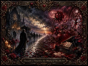 A gothic funeral procession moves through a rain-darkened landscape beneath storm clouds and a fading golden horizon. Crimson roses, shattered stained glass, candles, a blood-streaked piano, and heart imagery intensify the tragic romance. Deep blacks, burgundy reds, and warm amber light create a dramatic, painterly atmosphere within an ornate baroque frame.