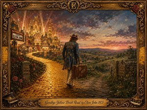 A solitary traveler leaves a dazzling golden fantasy city along a glowing yellow brick road, carrying a worn suitcase toward peaceful countryside at sunset. Rich amber, blue, and rose tones create a bittersweet mood, while theatrical lights, rolling hills, symbolic signposts, and an ornate gilded musical frame enhance the nostalgic painted style.