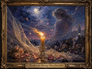 A wind-bent candle glows amid scattered roses and flowing lace beneath a moonlit blue-violet sky. An ethereal feminine figure emerges softly from swirling clouds above a distant memorial crowd. Warm gold light contrasts with cool twilight tones, while an ornate antique frame and engraved title plate complete the elegiac, painterly composition.