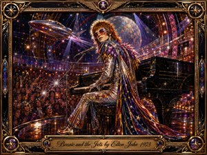A flamboyant glam-rock pianist commands a dazzling futuristic stage before an ecstatic crowd, surrounded by cosmic lights, a glowing planet, and a sleek spacecraft. Rich gold, purple, blue, and crimson tones shimmer across sequined costumes and reflective surfaces. Dramatic spotlights, ornate Art Deco framing, and a polished title plate heighten the theatrical spectacle.