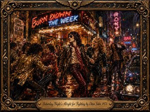 A vibrant 1970s glam-rock street scene erupts outside a neon-lit club, where flamboyantly dressed revelers swagger, shout, and jostle beneath glowing signs. Rich reds, golds, blues, and purples reflect across wet pavement. Expressive painterly textures, dramatic nightlife lighting, an ornate musical frame, and engraved title plate heighten the rebellious energy.