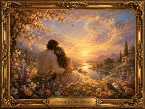 A tender couple sits among wildflowers overlooking a glowing river valley at sunset, surrounded by blossoming trees, distant mountains, birds, and classical ruins. Warm gold, peach, lavender, and blue tones create a peaceful romantic mood, while luminous musical notes sweep across the sky. An ornate baroque frame and engraved title plate complete the painterly composition.