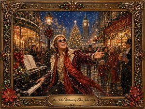 A jubilant pianist in a glittering red coat welcomes Christmas on a snowy, lantern-lit city street. Warm gold, crimson, evergreen, and deep blue tones surround festive crowds, glowing shops, gifts, and a towering Christmas tree. Rich painterly textures, sparkling reflections, ornate musical framing, and the engraved title plate create nostalgic holiday grandeur.