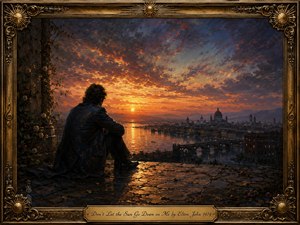 A solitary figure sits on a stone terrace overlooking a glowing riverside city at sunset, conveying quiet sorrow and reflection. Fiery orange, gold, and crimson clouds fade into deep blue dusk, mirrored across the water. Rich oil-paint textures, distant domes, bridges, flowers, and an ornate gilded musical frame heighten the dramatic, elegiac atmosphere.