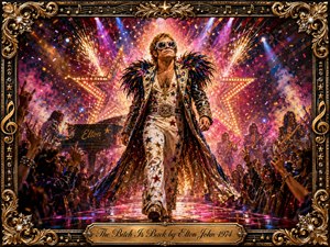 A flamboyant rock star strides confidently down a glittering concert runway, framed by cheering crowds, musicians, and explosive star-shaped lights. Rich gold, magenta, purple, and orange tones create a rebellious, triumphant mood. Ornate gilded borders, jeweled details, confetti, dramatic spotlights, and an engraved title plate heighten the theatrical glam-rock style.